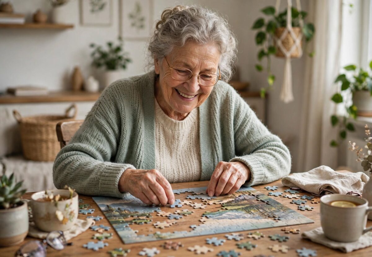 Pessoa idosa sorridente a fazer um puzzle numa mesa iluminada em casa
