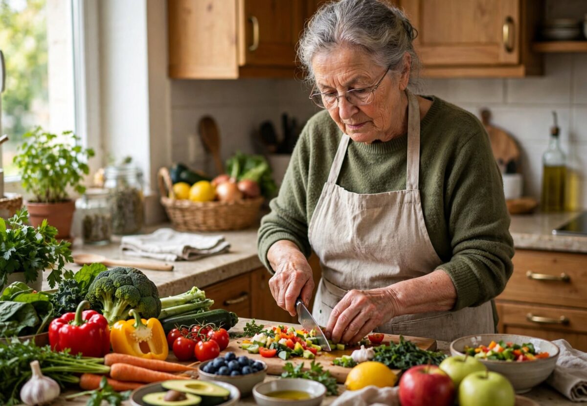 Pessoa idosa a preparar uma refeição nutritiva com legumes e frutas frescas