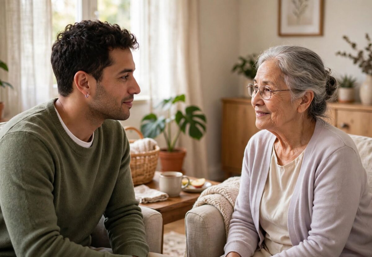 Familiar a conversar com calma e paciência com uma pessoa idosa numa sala tranquila